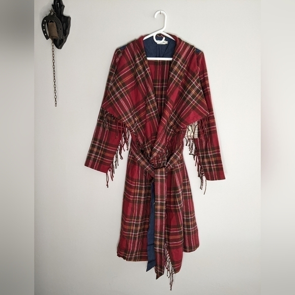 𝅺NWT Tasha Polizzi Plaid Fringed Unlined Coat Large Western ❤️💙❤️💙❤️💙💚 - Picture 1 of 11